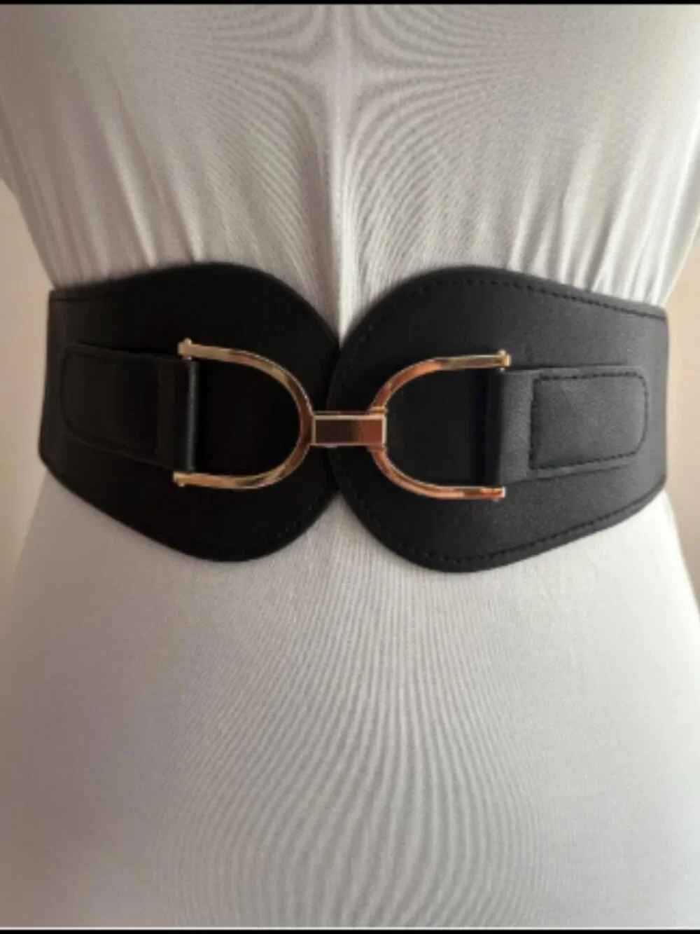 Black Wide Elastic Waist Belt with Gold Double Buckle – Women’s Stretch Belt